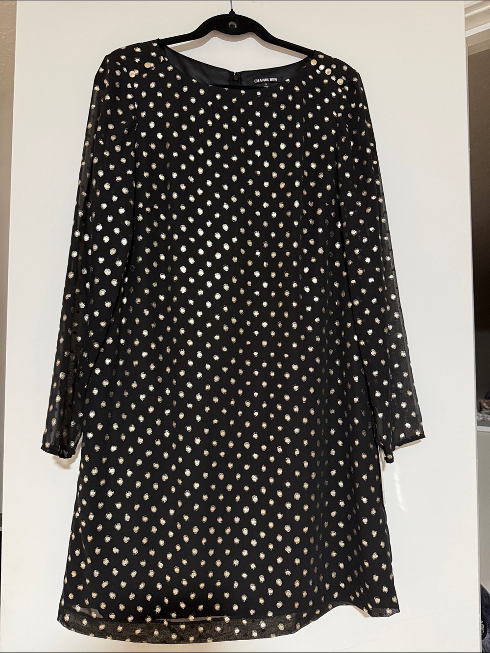 Gianni Bini Black Long Sleeve Shift Dress with Gold Polka Dots